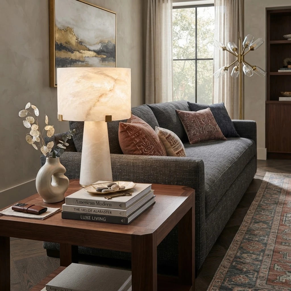 Modern Solid Alabaster Table Lamp in Contemporary Living Room