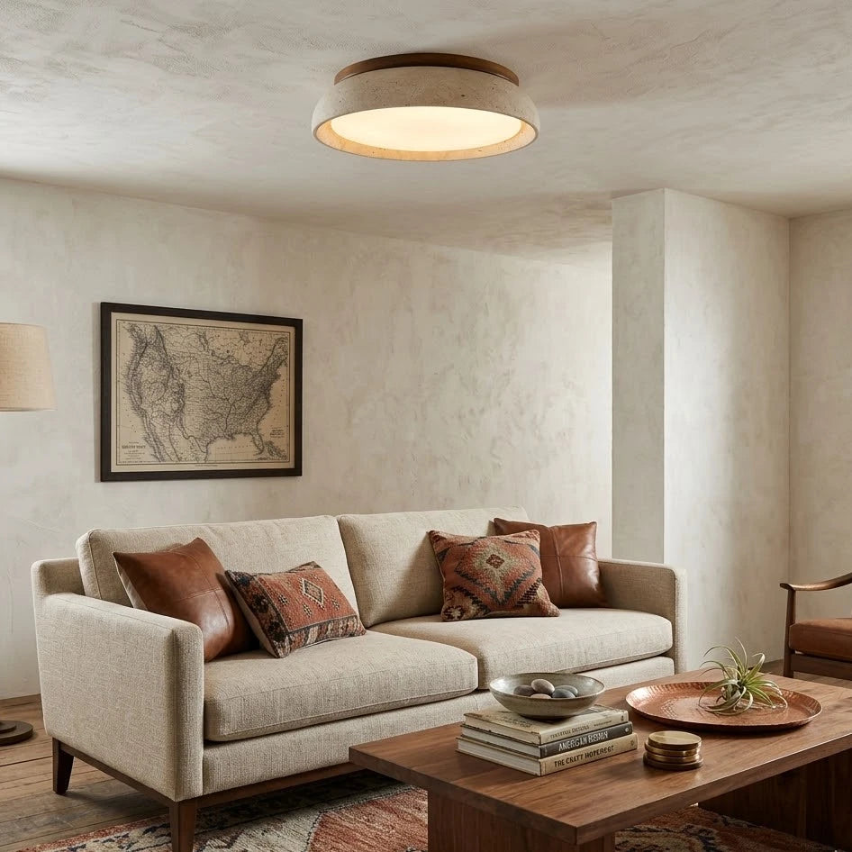 Modern Minimalist Wood and Terrazzo Ceiling Light in Contemporary Living Space