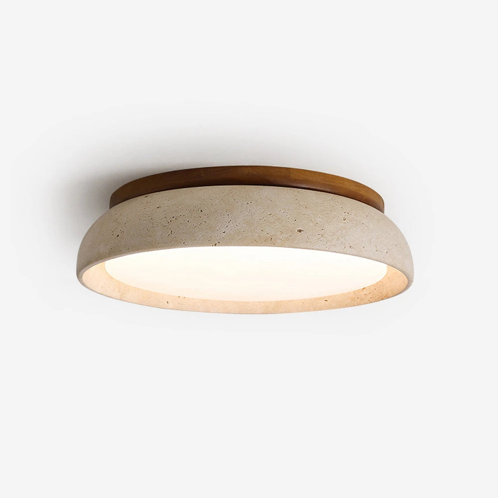 Angled View of Modern Wood and Terrazzo Disc Ceiling Light Studio Shot