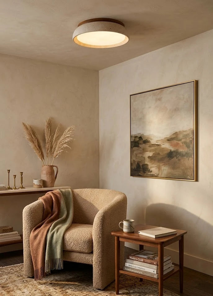 Modern Wood and Terrazzo Disc Ceiling Light in Cozy Sitting Area