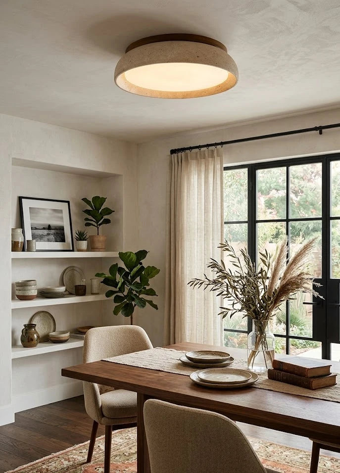 Modern Wood and Terrazzo Disc Ceiling Light Over Dining Table in Elegant Setting