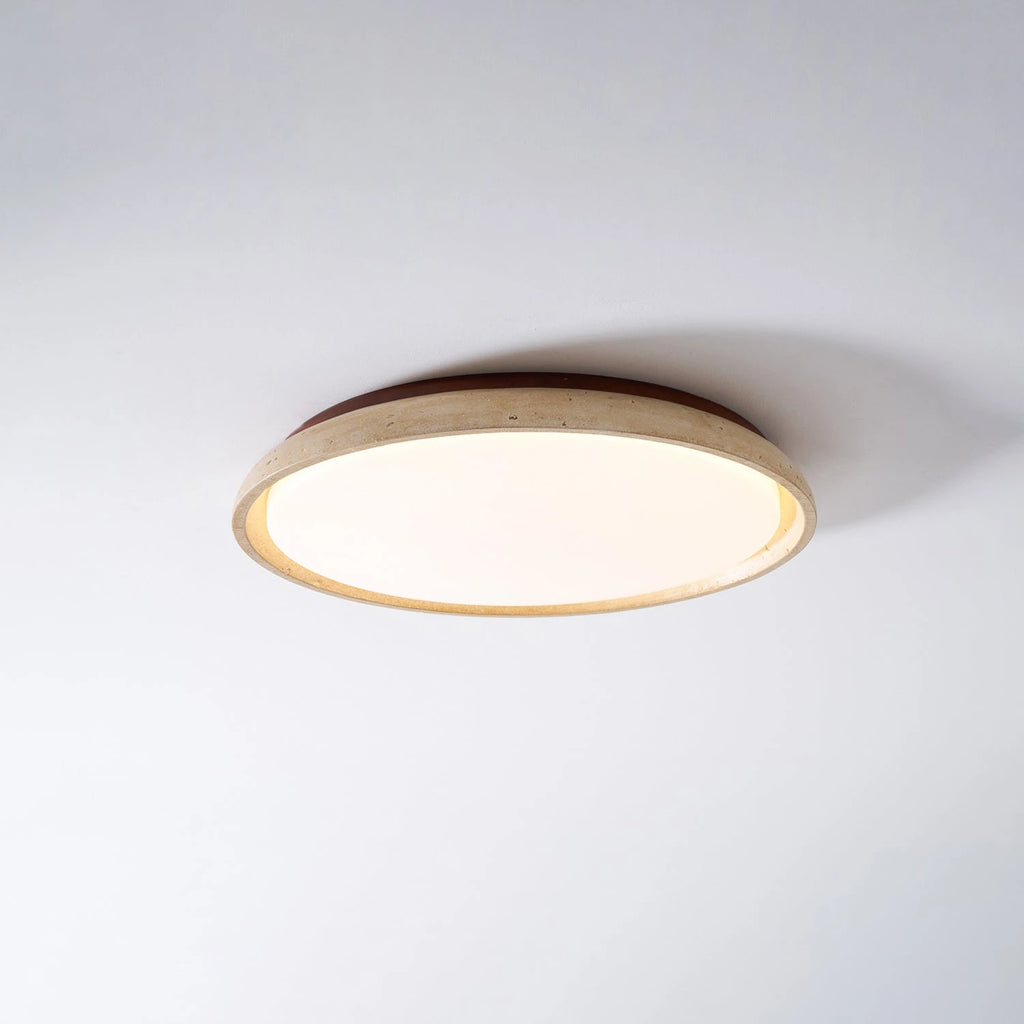 Front View of Modern Minimalist Wood and Terrazzo Disc Ceiling Light Studio Shot