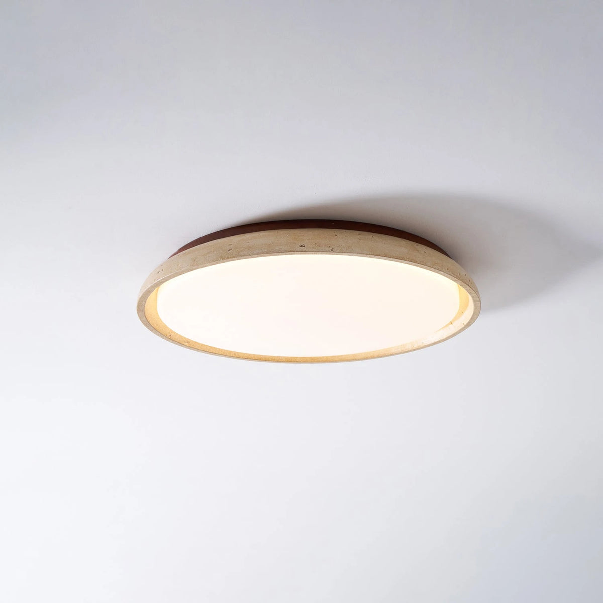 Front View of Modern Minimalist Wood and Terrazzo Disc Ceiling Light Studio Shot
