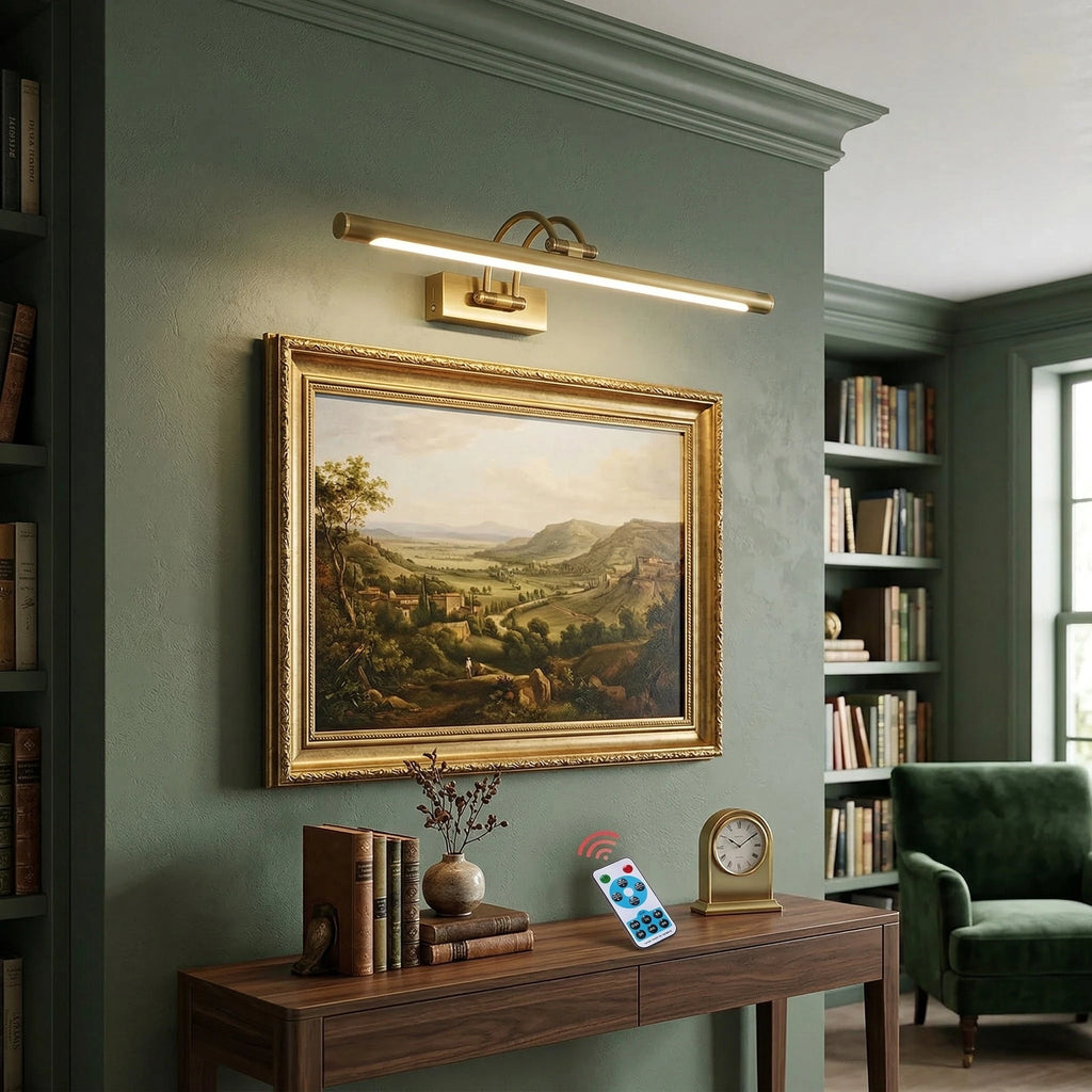 Traditional Brass Picture Light Over Framed Landscape Painting
