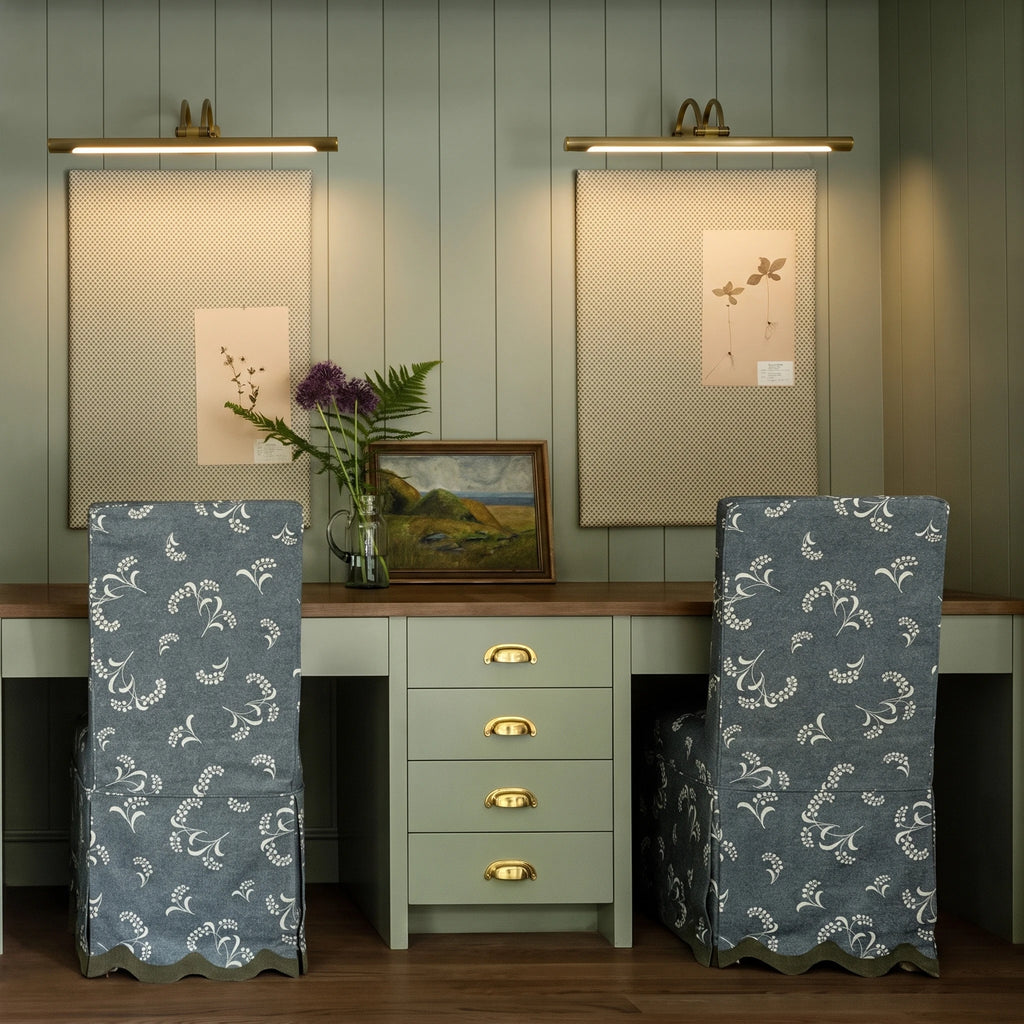 Modern Brass Picture Lights Over Dual Home Office Desks