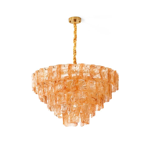 Modern Amber Multi-Tier Tiered Crystal Glass Chandelier with Gold Canopy on Pure White Background