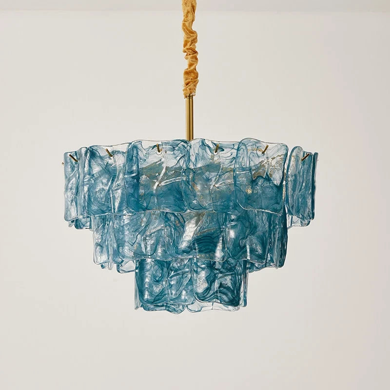 Illuminated Modern Blue Multi-Tier Tiered Crystal Glass Chandelier Studio Display