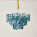 Illuminated Modern Blue Multi-Tier Tiered Crystal Glass Chandelier Studio Display