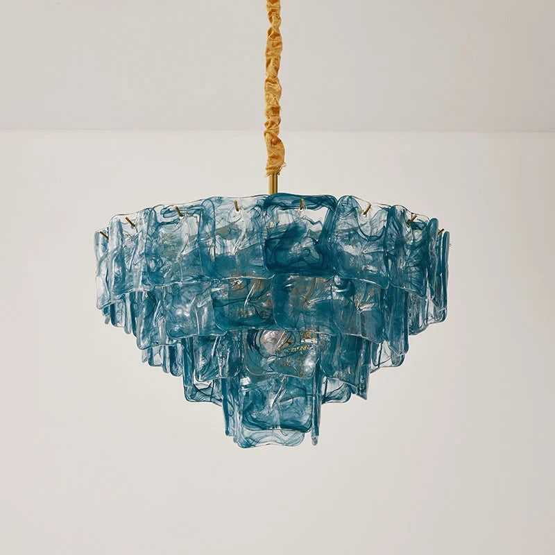Illuminated Modern Blue Tiered Crystal Glass Chandelier Studio Shot