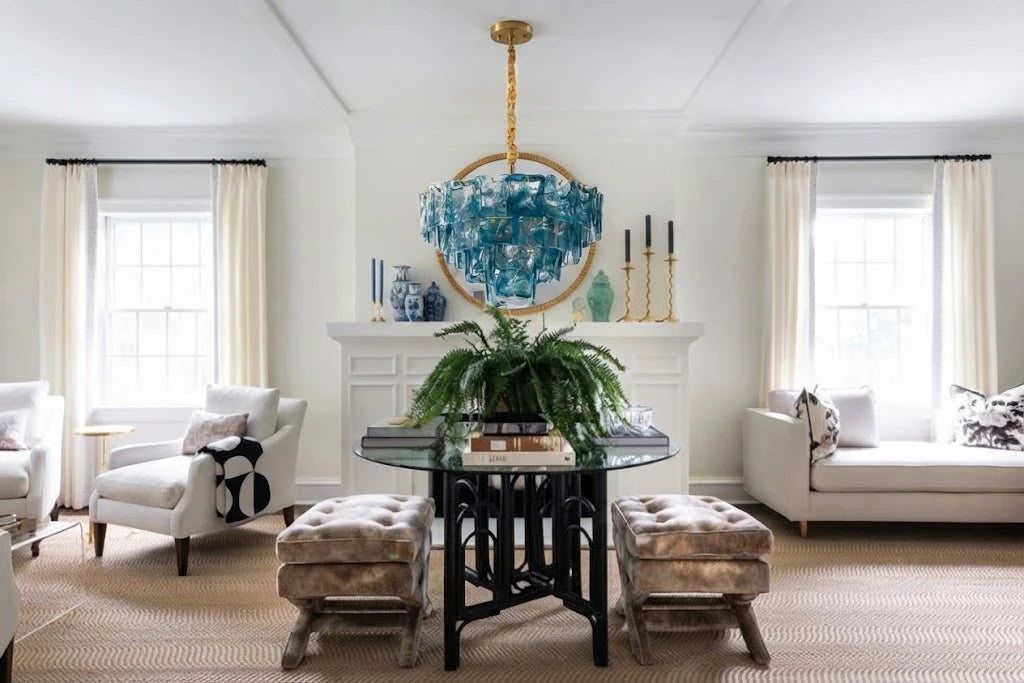 Modern Blue Multi-Tier Crystal Glass Chandelier in Contemporary Living Space