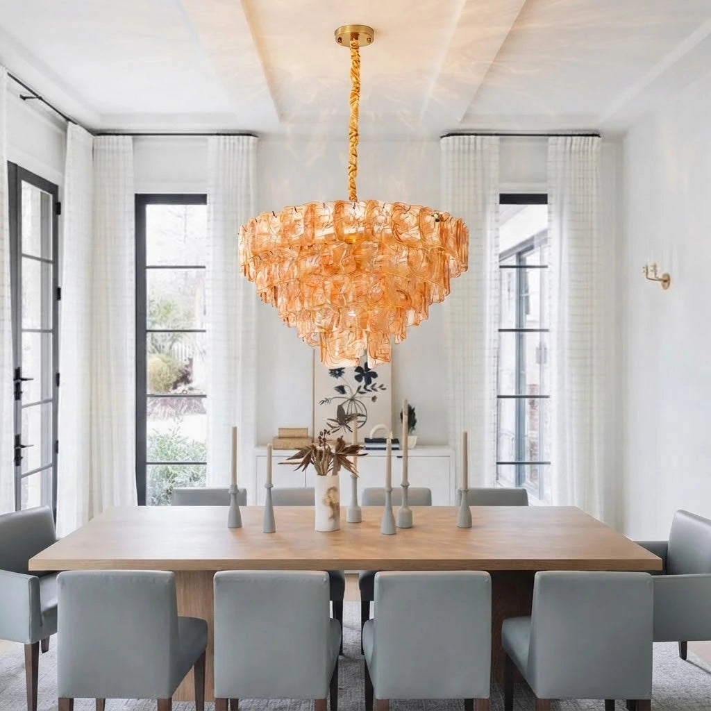 Modern Amber Crystal Glass Chandelier in Elegant Dining Setting