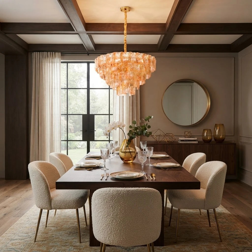 Modern Amber Tiered Crystal Glass Chandelier in Luxury Dining Space