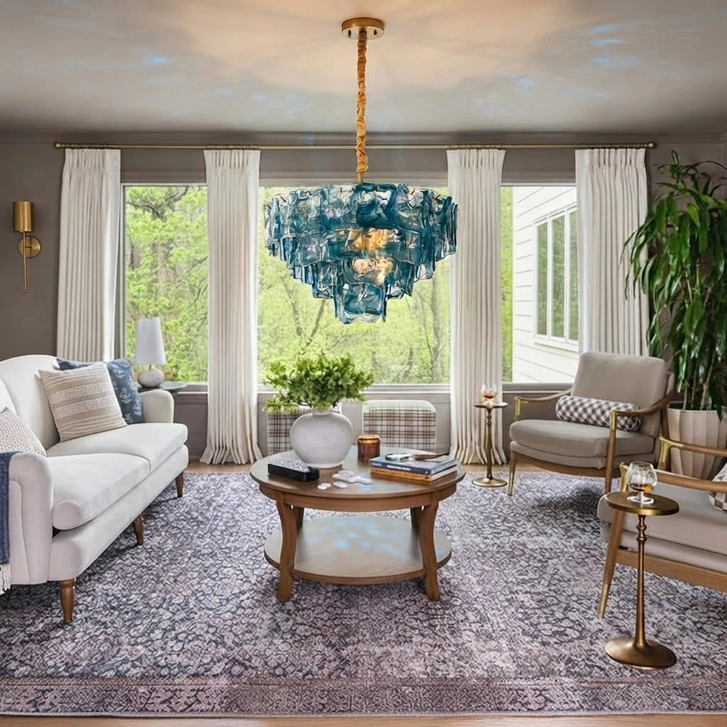 Modern Amber Multi-Tier Crystal Glass Chandelier in Bright Living Room