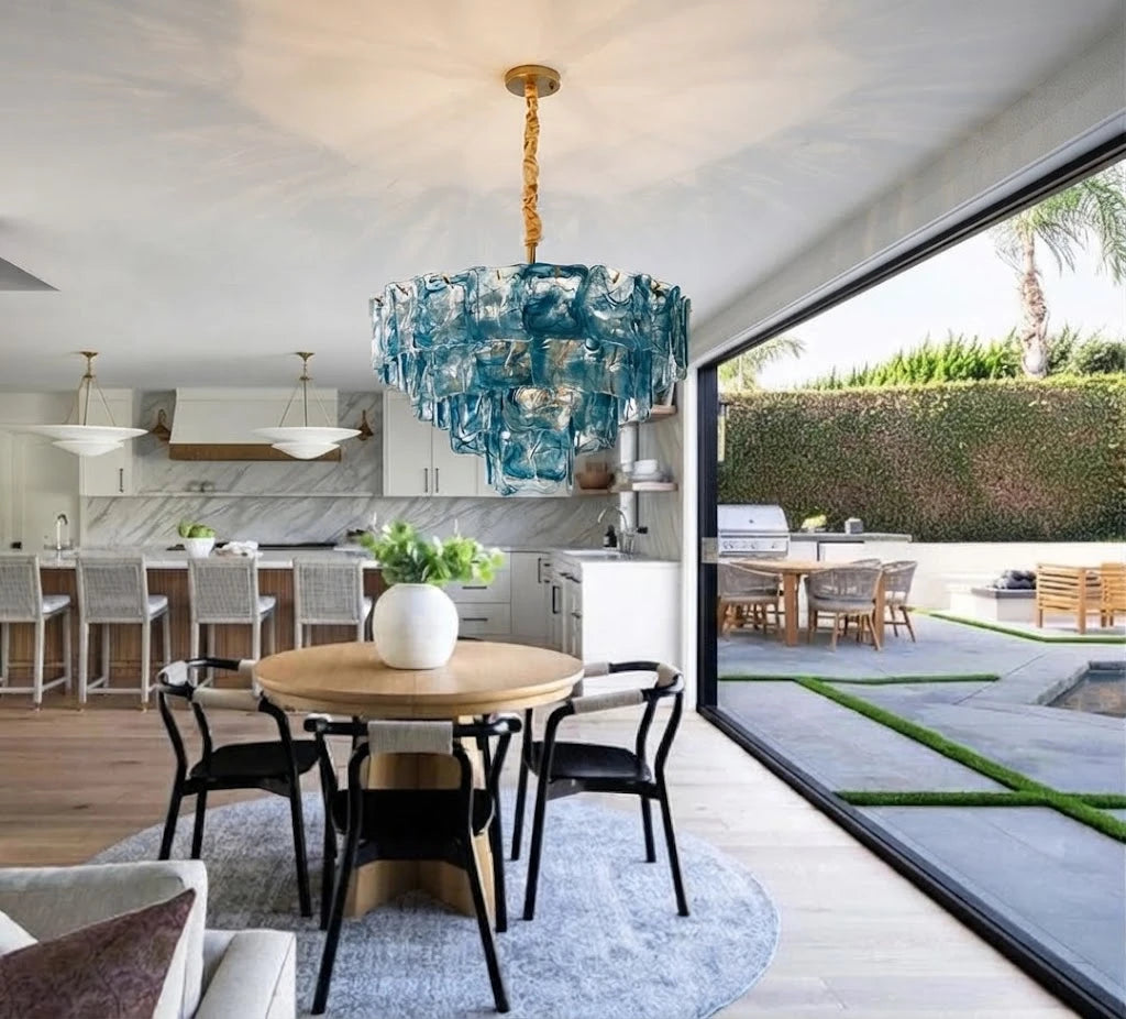 Modern Blue Tiered Crystal Glass Chandelier Over Kitchen Dining Area
