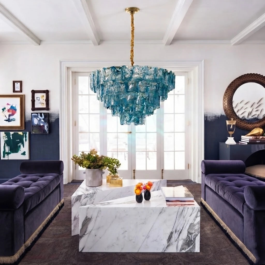 Modern Blue Crystal Glass Chandelier in Luxury Living Room