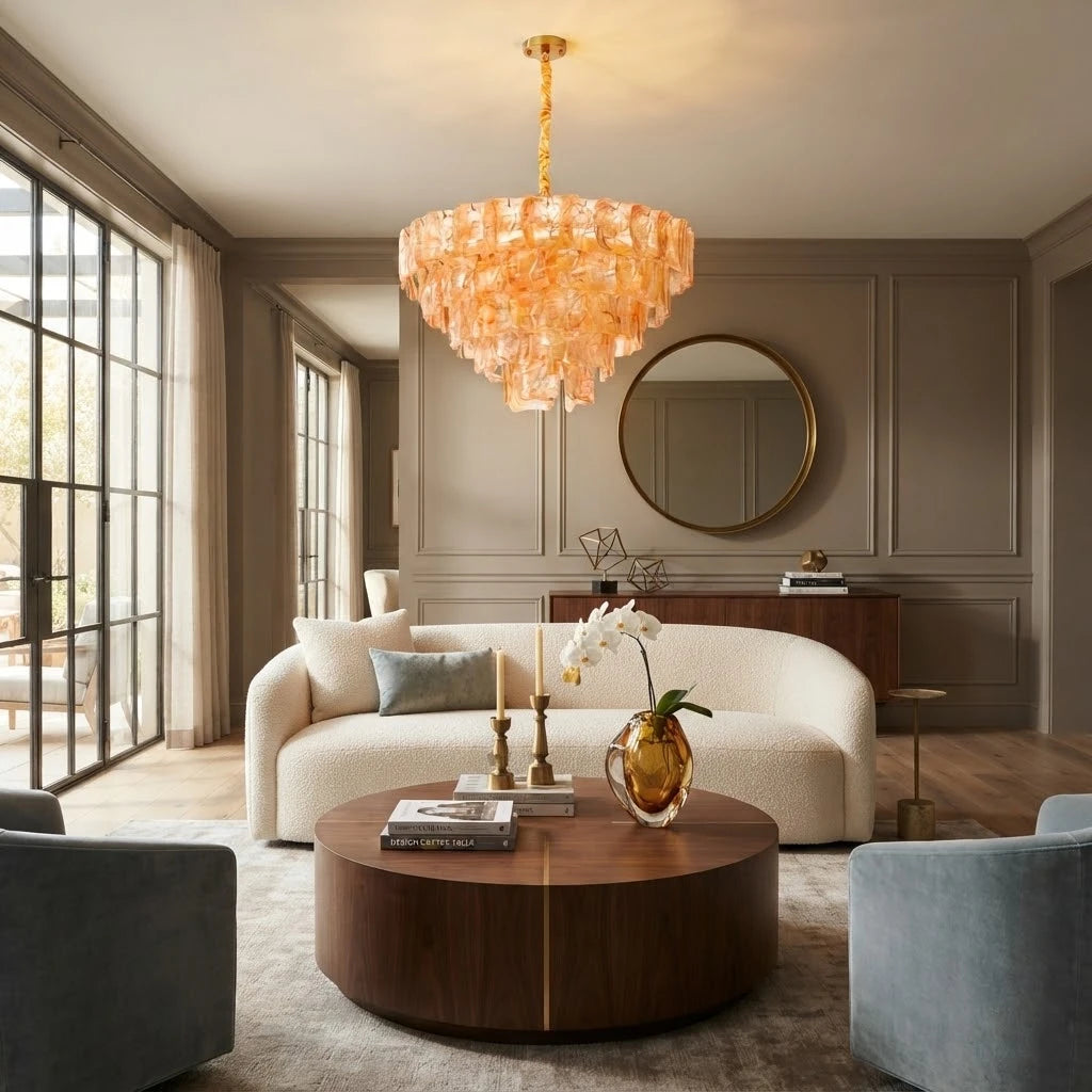 Modern Amber Multi-Tier Crystal Glass Chandelier in Elegant Living Area