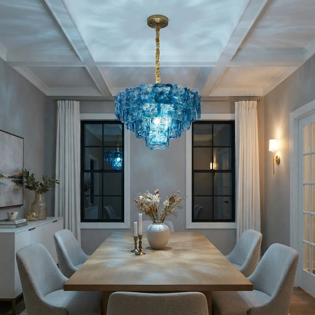 Modern Blue Tiered Crystal Glass Chandelier in Formal Dining Room