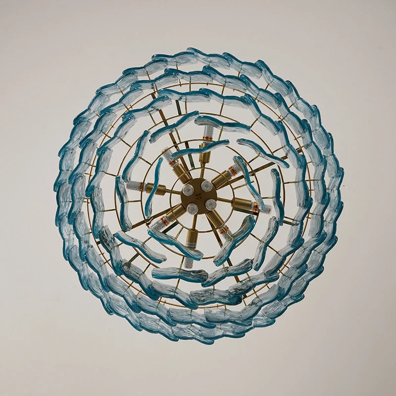 Upward View of Modern Blue Tiered Crystal Glass Chandelier Interior Structure