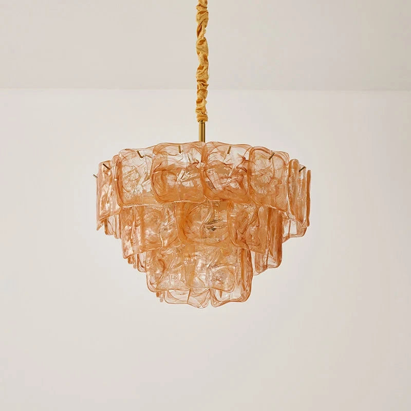 Illuminated Modern Amber Multi-Tier Crystal Glass Chandelier Studio Shot