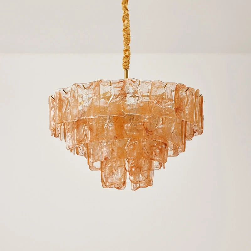 Illuminated Modern Large Amber Tiered Crystal Glass Chandelier Studio Display