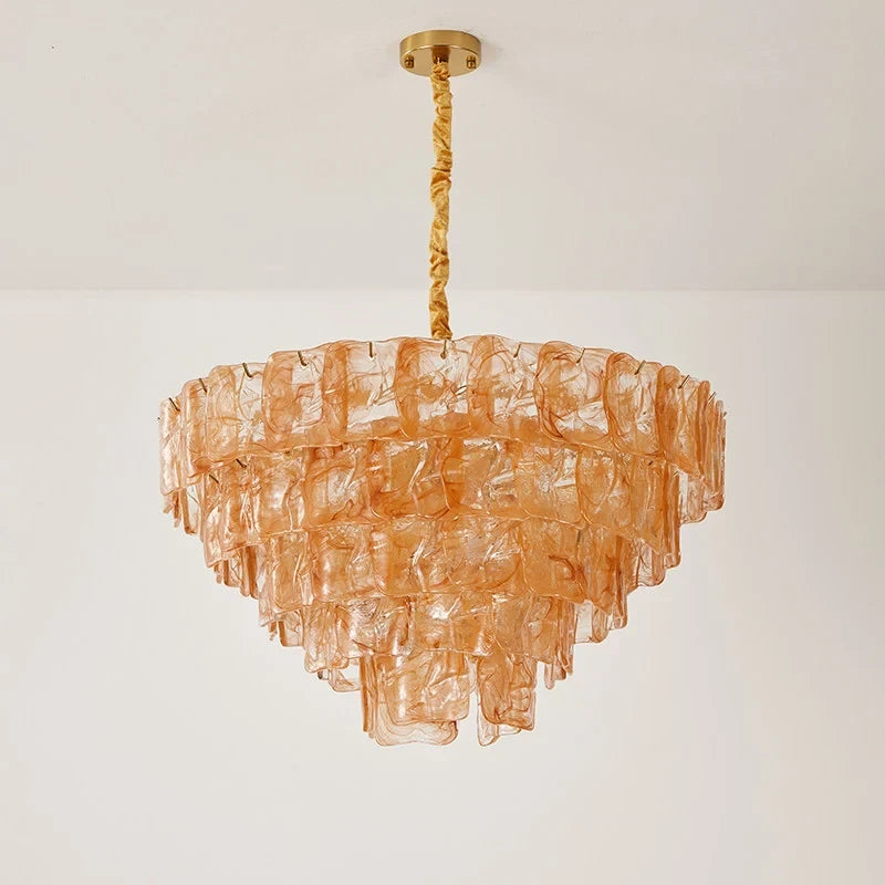 Illuminated Modern Extra Large Amber Crystal Glass Chandelier Studio Shot