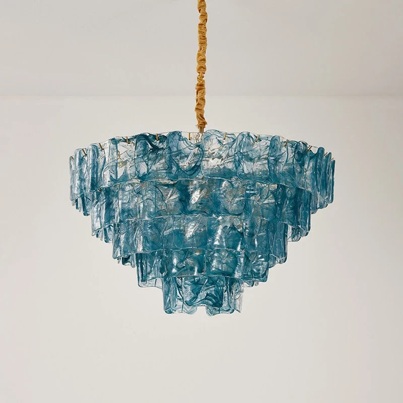 Front View of Modern Blue Crystal Glass Chandelier Studio Display