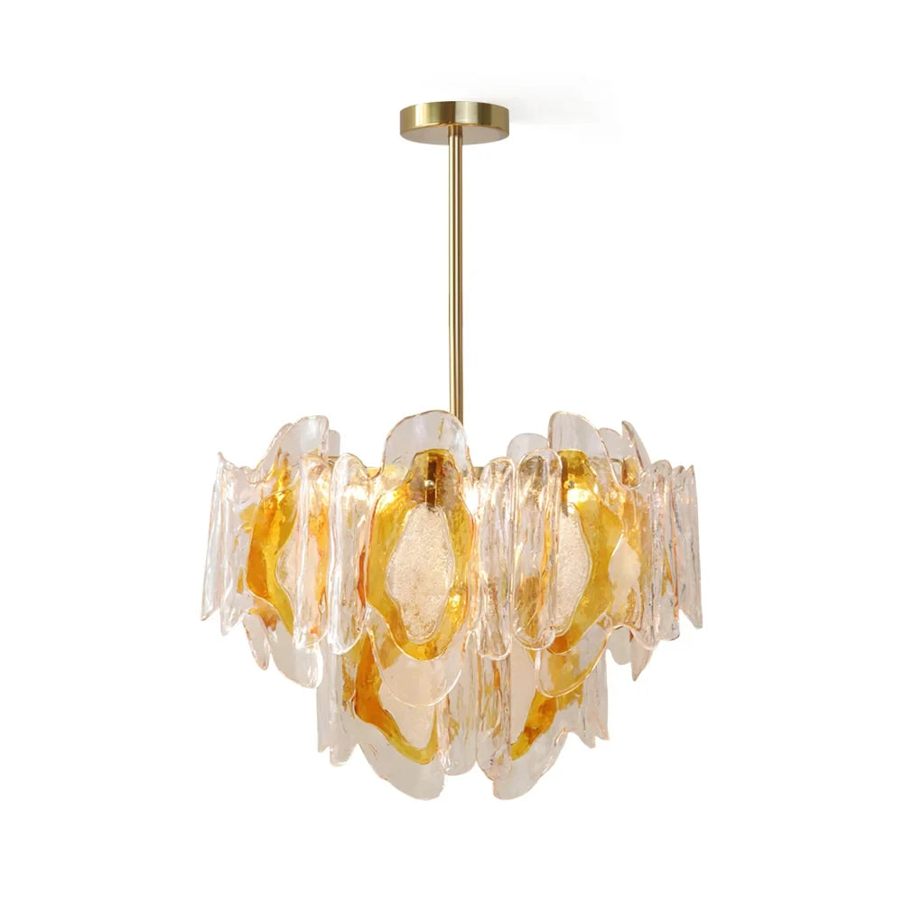 Modern Amber Gradient Petal Art Glass Chandelier with Brass Canopy on Pure White Background