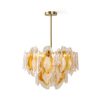 Modern Amber Gradient Petal Art Glass Chandelier with Brass Canopy on Pure White Background