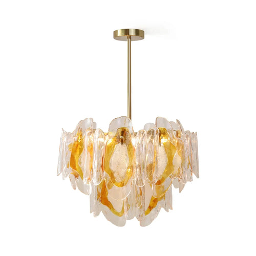 Modern Amber Gradient Petal Art Glass Chandelier with Brass Canopy on Pure White Background