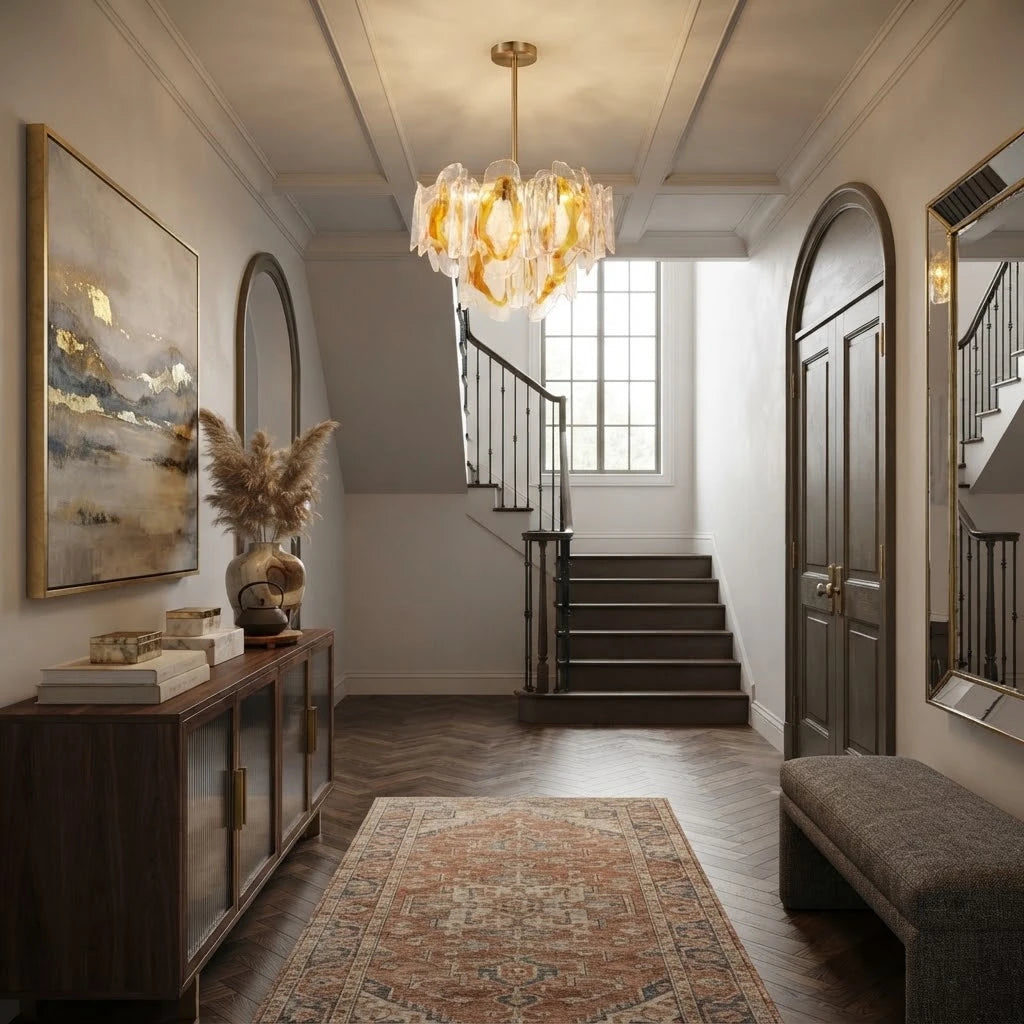 Modern Amber Gradient Petal Art Glass Chandelier Along Hallway Interior
