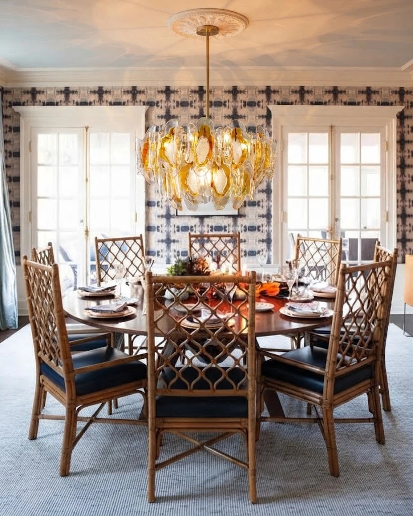 Modern Amber Gradient Petal Art Glass Chandelier in Vintage Dining Setting