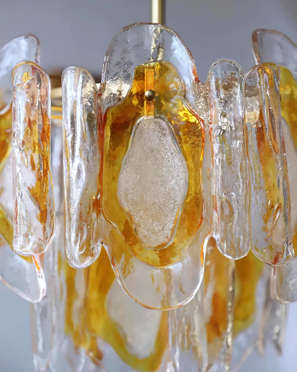 Front View of Modern Amber Gradient Petal Art Glass Chandelier Studio Display