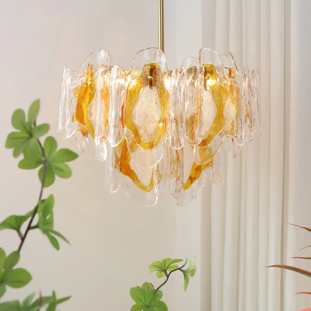 Illuminated Modern Multi-Tier Amber Petal Art Glass Chandelier Studio Display