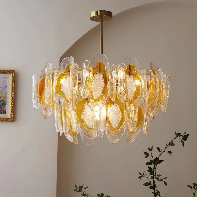 Illuminated Modern Amber Gradient Petal Art Glass Chandelier Studio Shot