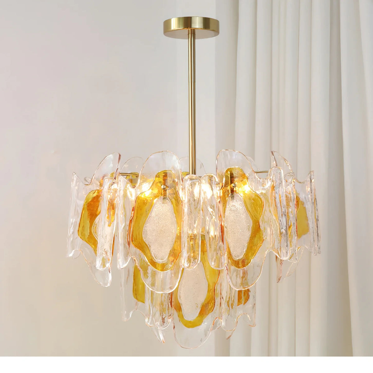 Illuminated Modern Amber Gradient Petal Art Glass Chandelier Studio Shot