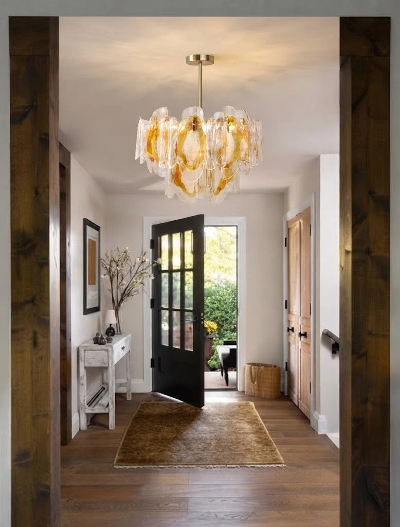 Modern Amber Gradient Petal Art Glass Chandelier in Entryway Foyer
