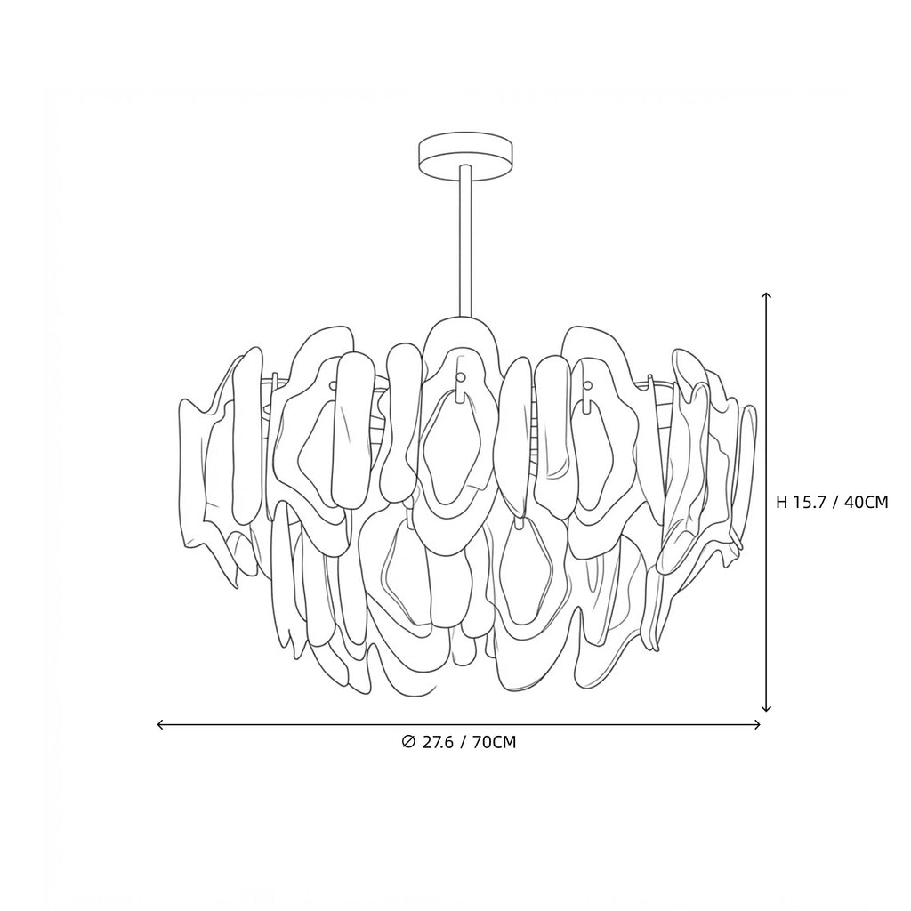 Modern Multi-Tier Amber Gradient Petal Chandelier Line Art Dimension Diagram