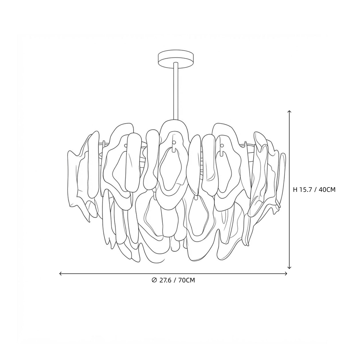 Modern Multi-Tier Amber Gradient Petal Chandelier Line Art Dimension Diagram