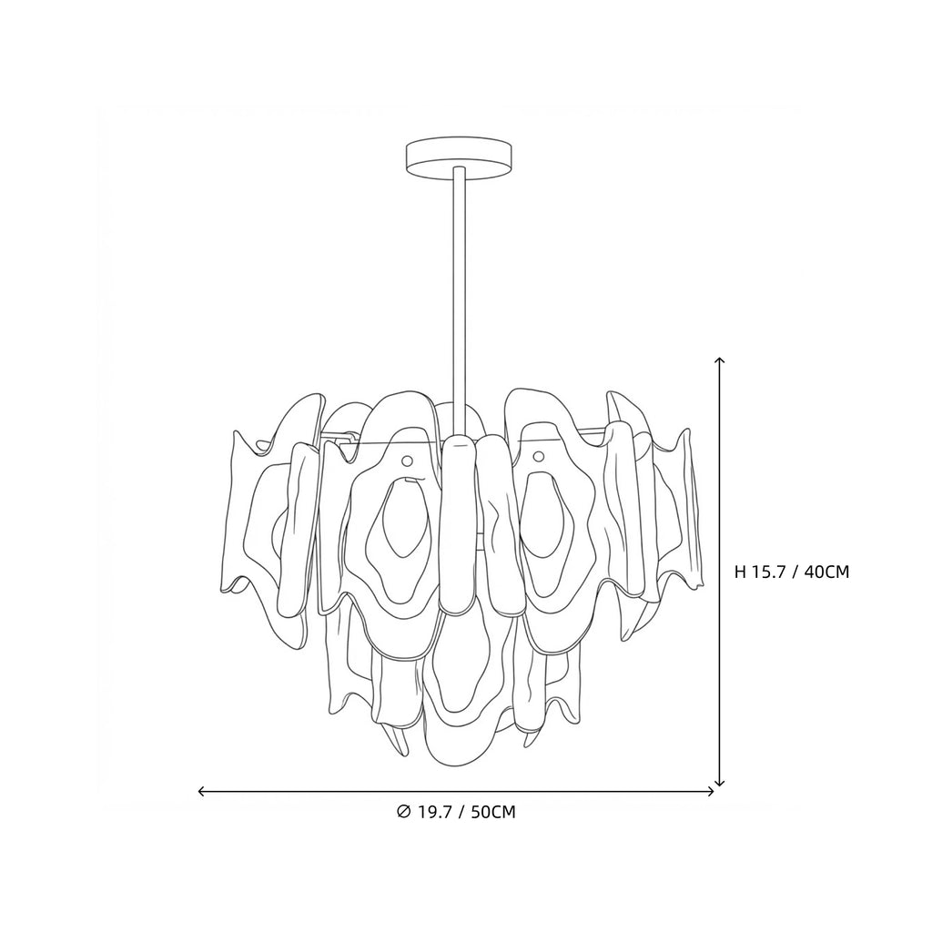 Modern Amber Gradient Petal Art Glass Chandelier Line Art Dimension Diagram