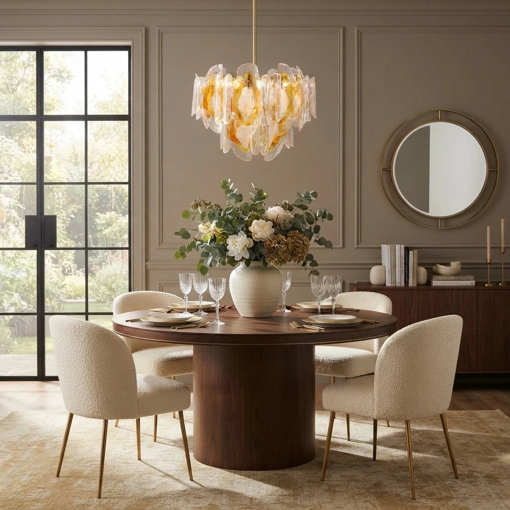 Modern Amber Gradient Petal Art Glass Chandelier Over Round Dining Table