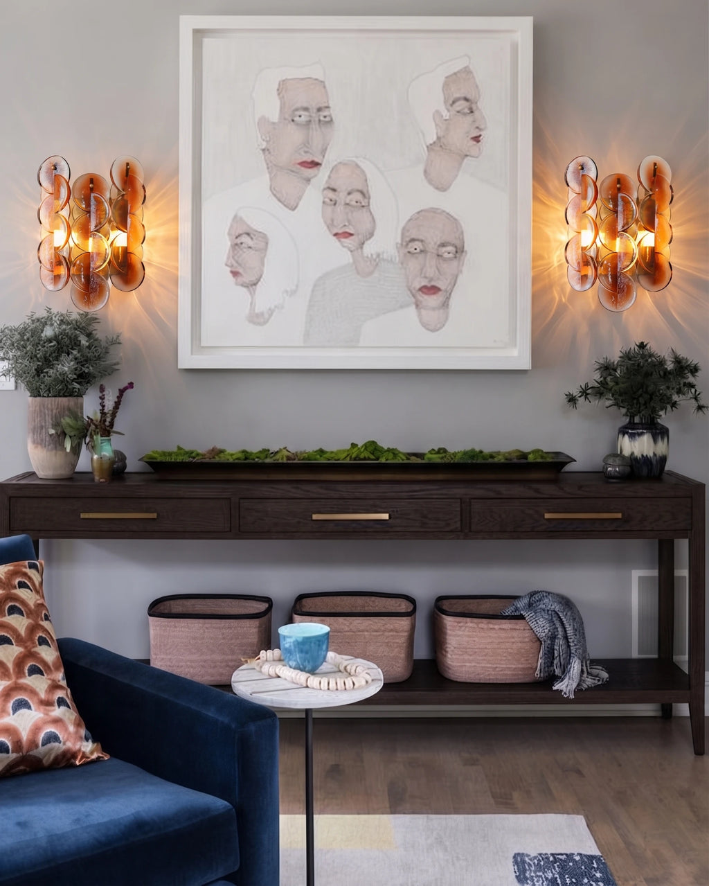 Modern Amber Art Glass Wall Sconces Over Hallway Table