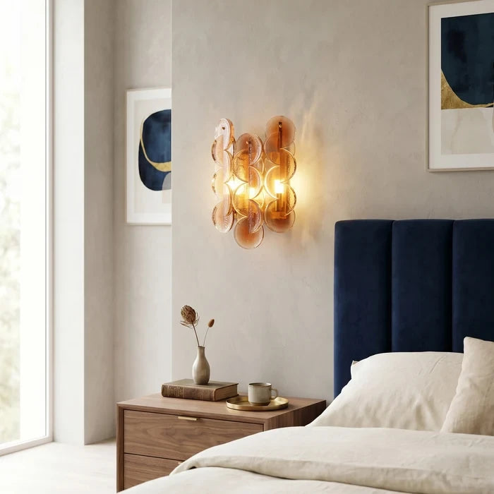 Modern Round Plate Art Glass Wall Sconce in Luxury Bedroom