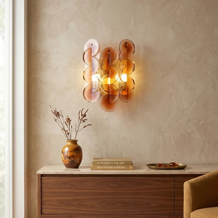 Modern Amber Art Glass Wall Sconce Over Living Room Console Table