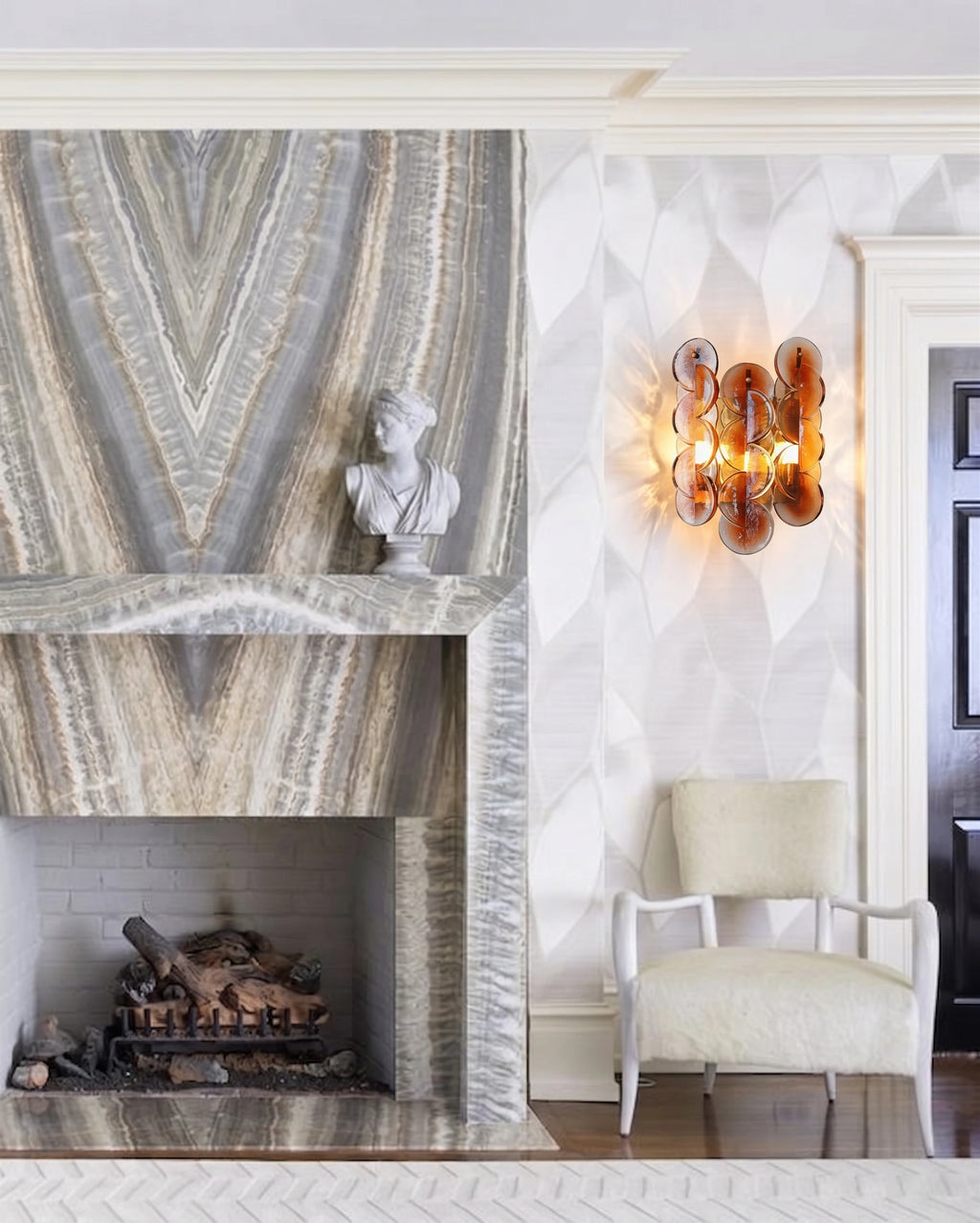 Modern Art Glass Wall Sconce Over Fireplace Setting