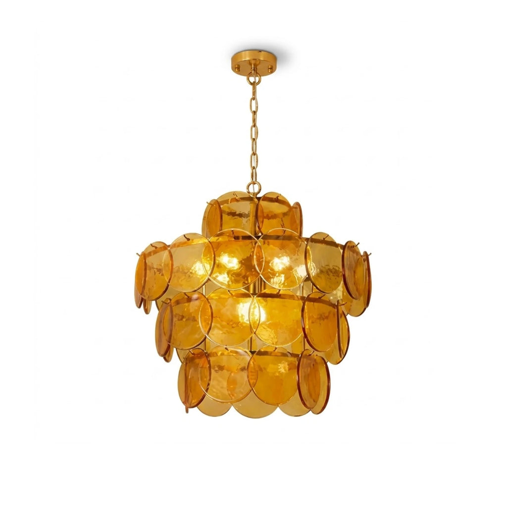 Modern Amber and Green Disc Art Glass Chandelier with Brass Canopy on Pure White Background