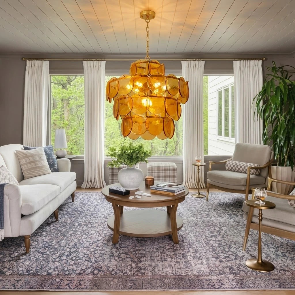 Modern Amber Art Glass Chandelier in Open Living Area