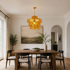 Modern Amber Disc Art Glass Chandelier Over Dining Room Table