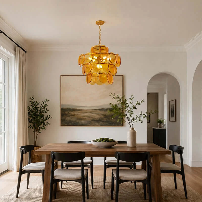 Modern Amber Disc Art Glass Chandelier Over Dining Room Table