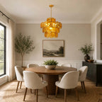 Modern Amber Art Glass Chandelier Over Round Dining Table