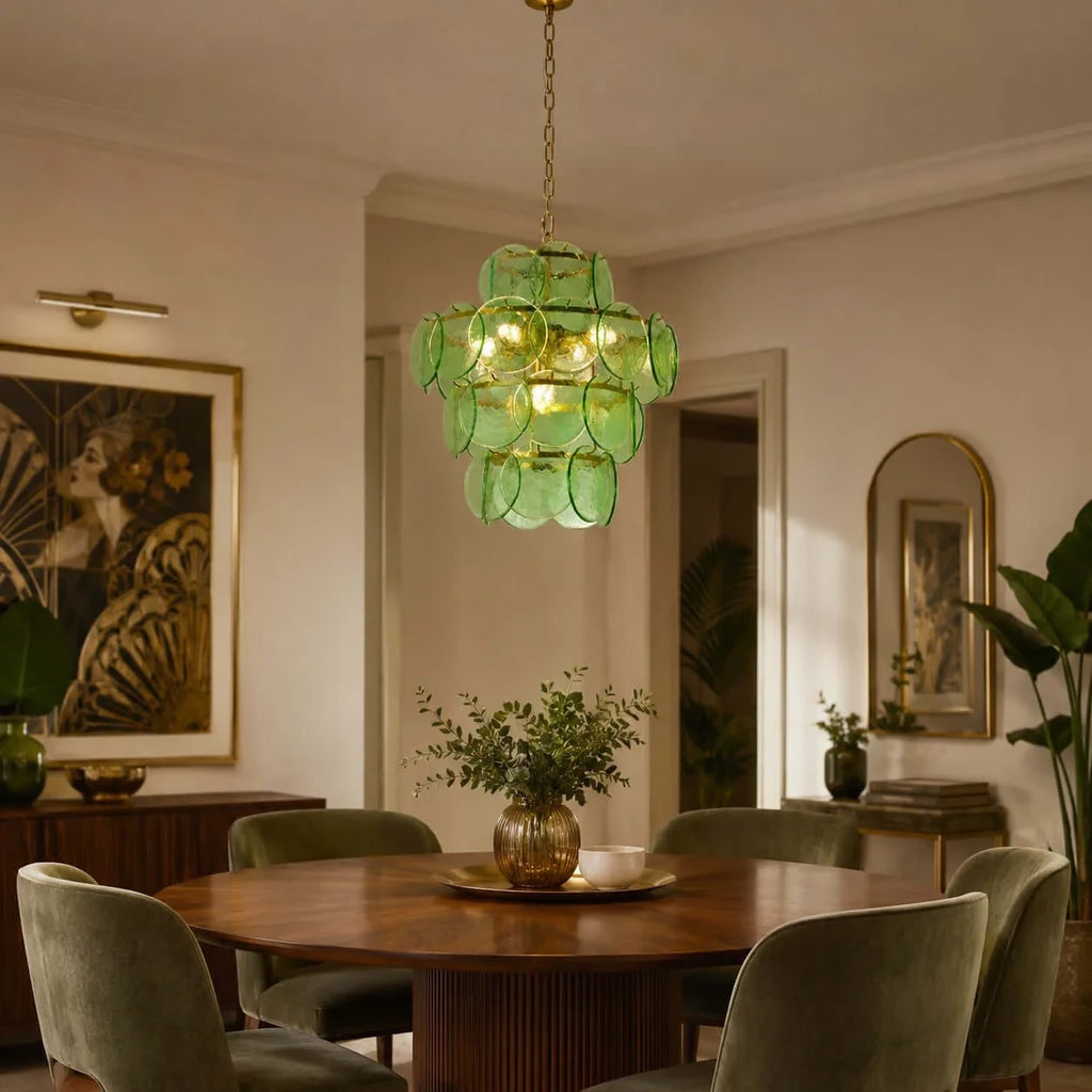 Modern Green Disc Art Glass Chandelier in Vintage Dining Space